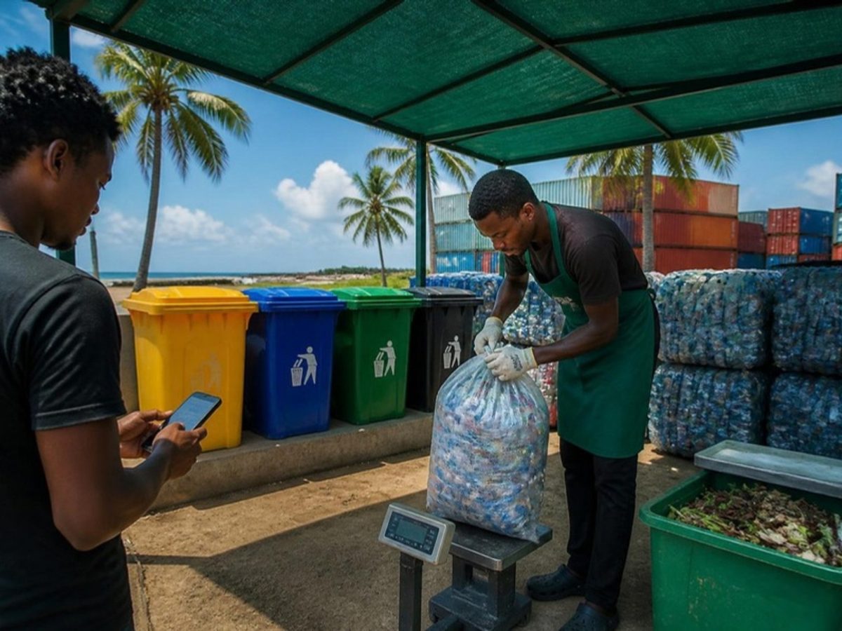 Concept render: colour-coded recycling bins and a worker weighing plastic while another logs it on a phone